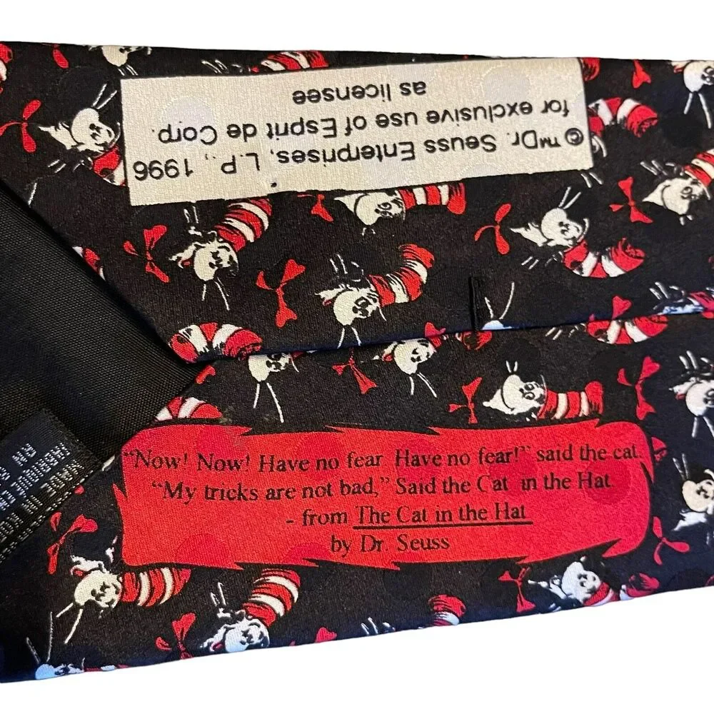 DR SEUSS Cat in the Hat Mens Vintage 100% Silk Neck Tie Black Cartoon Novelty